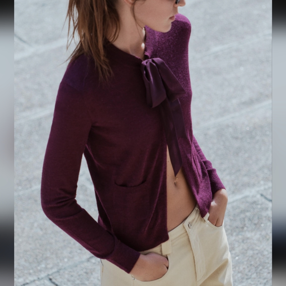 Zara Deep Purple Cardigan with Ribbon Accent - NWT